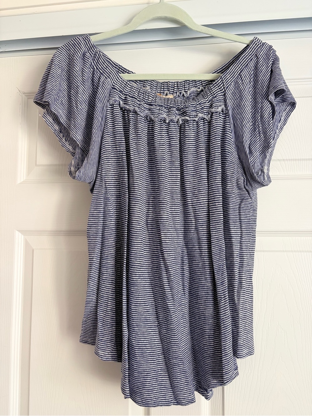 Anthro Women’s Blue Striped Off-Shoulder Top